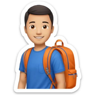 an asian man in blue t-shirt with orange backpack on the back. Eiffel tower on the background. shoulder length picture sticker