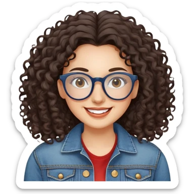 Mujer caucasian, cara redonda, gafas grandes rectangulares, cejas delgadas, pelo oscuro rizado largo. Sonrisa amplia, expresión feliz. Chaqueta de mahón. sticker