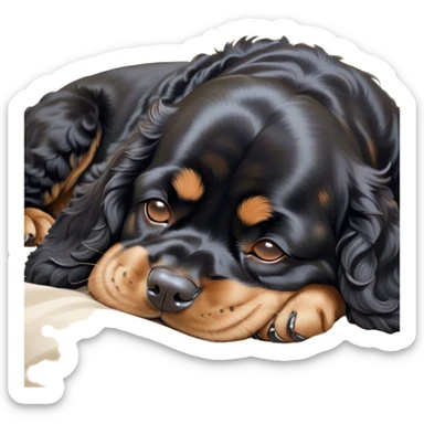 Cinematic Meme-Worthy Chubby Sleeping Black Cocker Spaniel Portrait Emoji, Head resting peacefully with a contented smile, showcasing a delightfully chubby build and a luxuriously soft black coat with gentle tan markings, eyes shut in a serene nap, Simplified yet hilariously adorable features, highly detailed, glowing with a soft, drowsy light, high shine, relaxed and utterly lovable, stylized with an air of playful laziness, bright and heartwarming, soft glowing outline, capturing the essence of a comically sleepy companion, so meme-worthy it feels like it could instantly become the next viral sensation of adorable slumber! sticker
