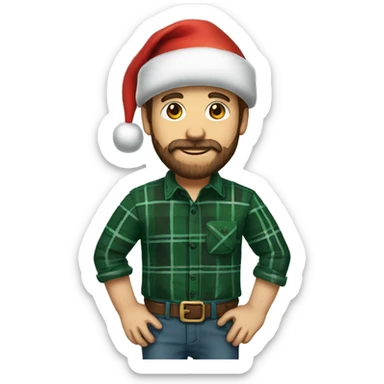 Man with a beard and brown hair wearing a green and black plaid flannel shirt and a Santa hat sticker