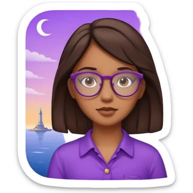 Chica de pelo moreno con gafas, lleva camisa violeta. Piel morena clara. Con Torre de Hércules detrás sticker