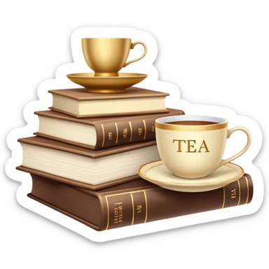 A stack of classic books with a gold embossed title, next to a cup of tea, soft neutral colors (vanilla, beige, leather) sticker