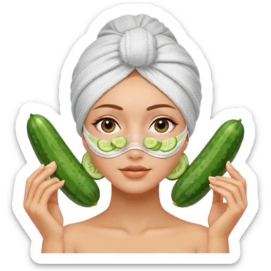 girl with her hair in a towel turban and a faks mask on and cucumber slices over her eyes at a spa sticker