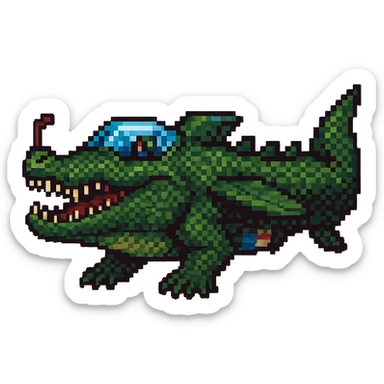 Make the war plane and crocodile fusion much more crocodile-like, emphasizing crocodile features such as the head, scales, teeth, and tail, while keeping the original pixel art style. Maintain a transparent background. sticker
