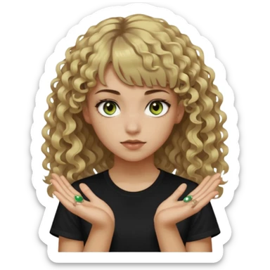 young woman wearing a black t shirt with curly dirty blonde hair, straight bangs, and hazel green & brown eyes. She is a daughter of Hades and has power over shadows. She is holding shadows in her hands and there are shadows behind her too. sticker