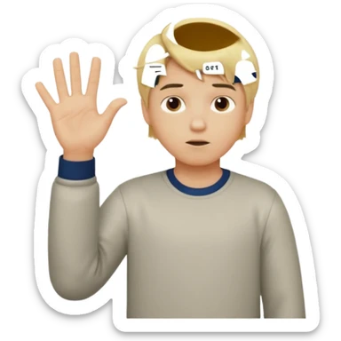 A boy with blonde hair shrugging with the number 6 above one hand and a 7 over the other sticker
