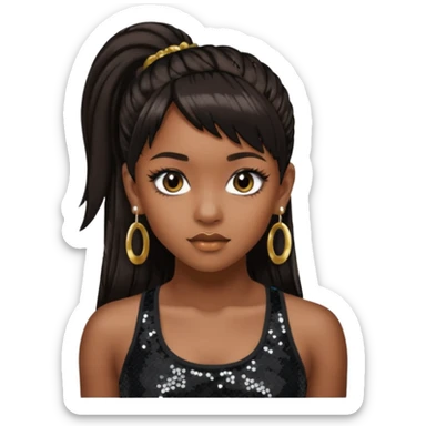 Left Eye from TLC with long dark brown ponytail hair, black sequin crop top, black earring sticker