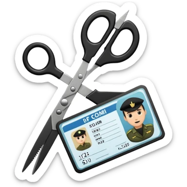 Floating black Scissors cutting in half an idf soldier ID card with a little chip in 2 parts sticker