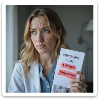 hyperrealistic 4K image of a woman with hormonal imbalance, next to her a blood test sheet with 'Estrogeni' and 'Progesterone' values highlighted in red, face with acne, confused expression, clinical environment sticker