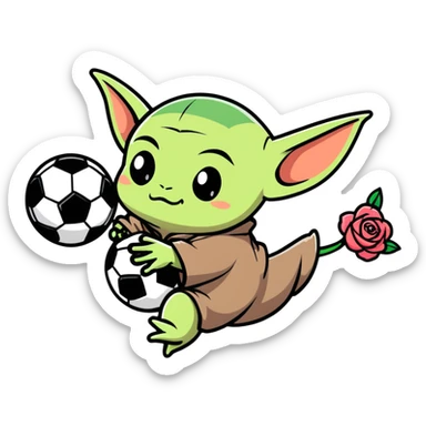 baby Yoda kicking a soccer ball with small roses beside him sticker