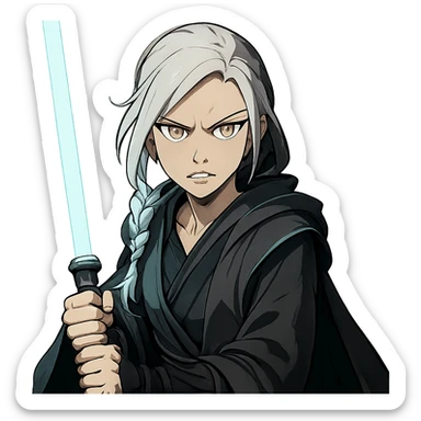  a closeup portrait of young woman with gold yellow eyes, white hair, long braid, black off-shoulder top, punk gothic style, futuristic cyberwave cyberpunk,  jedi attire and posture robes of a padawan, foreweilding a bright blue-green lightsaber, angry fierce face expression, power stance, 30-90 sticker