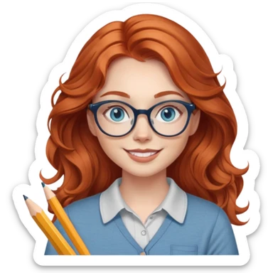 redheaded woman with long wavy hair, blue eyes, cat-eye glasses, casual outfit, holding a pencil, smiling sticker