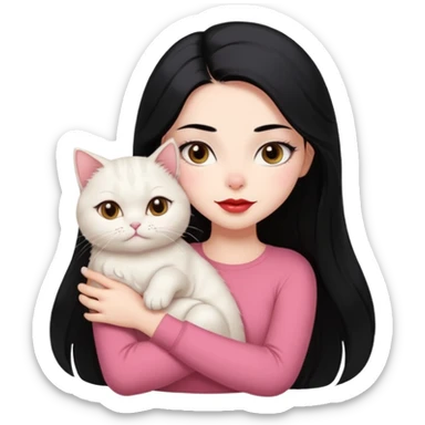 Beautiful Girl Long Hair black, Brows Big , Skin White, Top Pale Pink , Big Red Lips, EyesCoffe , Hug Little baby Persa Cream Cat With Cute Eyes sticker