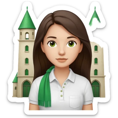 architect woman light skinned dark brown hair in WHITE POLO, long hair but then wearing proper architeture attire green touch of colors sticker
