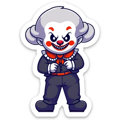 full-body demonic clown in black and white leisure suit with bellbottom pants, bald, black ram horns, flashy black and white belt, ruffled white shirt, no neck tie, large fangs, cartoon sticker style sticker