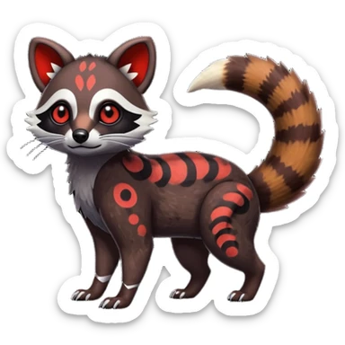 Rare warm-colored exotic edgy epic aesthetic gloomy spooky dark modern colorful cyber-Genet-Trico-Tanuki-Dingo-Civet-species-Fakemon-hybrid-creature, with beautiful intricate markings, full body sticker
