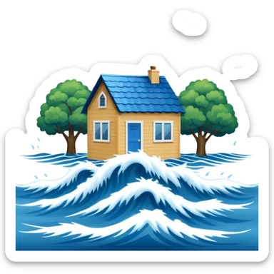 showing a flood disaster scene with powerful blue water waves overflowing around small houses and trees, dark cloudy sky, heavy rain falling, dramatic yet simple design sticker