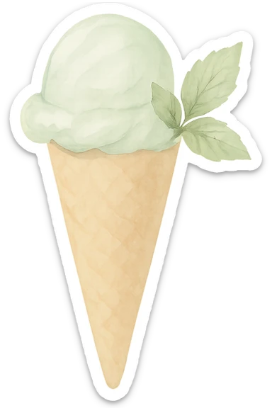 mint ice cream cone, soft cone, light green ice cream with brush strokes, delicate mint leaves, watercolor style sticker