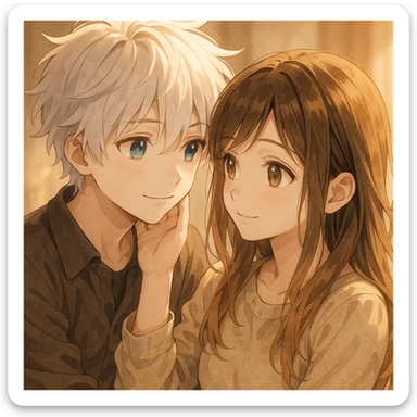 A boy with tousled white hair and striking blue eyes gazing affectionately at a girl with brunette-blonde hair and warm brown eyes, both showing love and tenderness. sticker