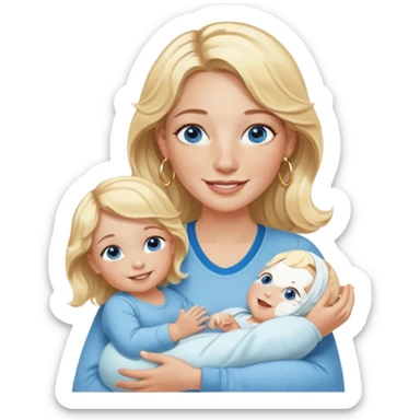 Wavy blonde, white woman with blue eyes, freckles hoop earrings, holding babies smiling and really cute in gold hoops she needs to be holding three newborns, and she needs to be more cute than pretty sticker