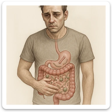 Realistic and medical illustrative style of a 35-year-old man with a distressed expression, hand on stomach, sunken eyes, dull skin. Transparent schematic intestine with parasites and bacteria in dysbiosis. sticker