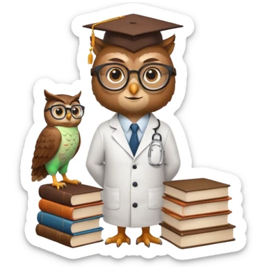 Wise owl with glasses, wearing a lab coat, perched on a stack of books. sticker