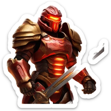 the Doom Slayer, a formidable armored warrior from a sci-fi game, clad in detailed red and gold armor, wielding a glowing sword against an apocalyptic backdrop. sticker