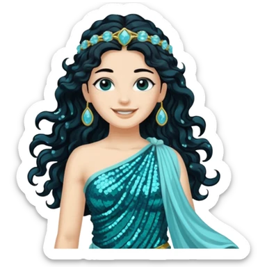 Salacia, Goddess of Seawater from Roman Deities with long jet black wavy hair, aquamarine sequin toga  sticker
