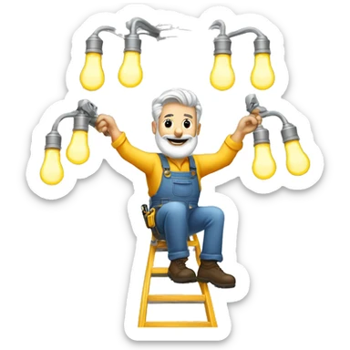Gray hair bearded handyman on ladder changing lightbulbs on a chandelier  sticker