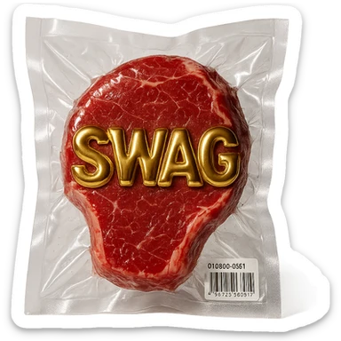 juicy steak with shiny gold 'SWAG' text across the surface, shiny and inflated vacuum-sealed style sticker