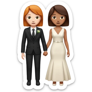 lesbian couple getting married. one ginger one dark brunette. ginger in a suit, brunette in a dress. BOTH GIRLS sticker