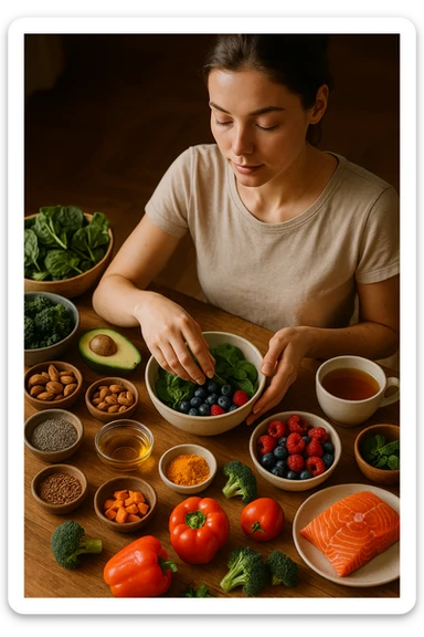 A realistic, cinematic flat-lay image of a clean wooden kitchen table filled with fresh, colorful whole foods known to help reduce androgen excess naturally. The table includes leafy greens like spinach and kale, avocados, berries, colorful vegetables, nuts, seeds (chia and flaxseeds), wild-caught salmon, and herbal teas, carefully arranged in an aesthetically pleasing, organized manner. A small glass bowl with olive oil and another with turmeric powder are included, emphasizing anti-inflammatory properties. In the scene, a young woman with clear, healthy skin and a calm expression is preparing a bowl with these ingredients, symbolizing a hormone-balancing diet. Warm, natural daylight streams in, creating a cozy and inviting atmosphere. The style is hyper-realistic 35mm photography, with vibrant yet soft colors, showcasing textures of the fresh produce and the peaceful vibe of using nutrition to support hormonal balance sticker
