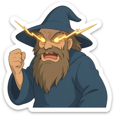 ghibli style angry wizard with lightning eyes and a balled up fist sticker