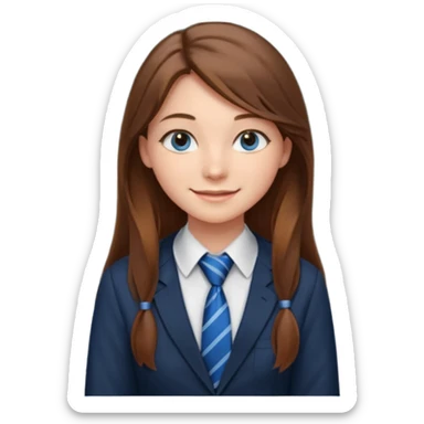 high school class room with a pretty female high school student with long brown hair, blue eyes, wearing a tie, sitting in front of the blackboard sticker