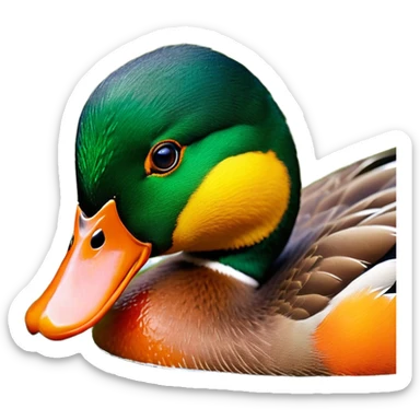 O pato tem uma aparência intensa e carismática:

Cabeça arredondada com penas escuras, dando um ar de personagem forte.

Olhos laranja vibrantes, com expressão penetrante e determinada — aquele olhar de quem não tá pra brincadeira.

Usa um cartola verde escura, inclinada, reforçando um ar de autoridade e estilo.

O bico laranja é largo e firme, dando personalidade à expressão.

Ao fundo, cores fortes como roxo e laranja criam contraste visual poderoso — bem streamer mesmo.

 sticker