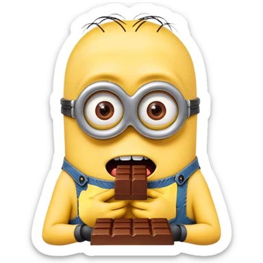 can you do me an emoji of a minion eating chocolate  - hes really enjoying it with a crazed look in his eyes sticker