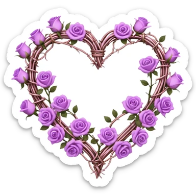 heart shape made out of barb wire vines with purple roses with tiny pastel pink-white-gold crystals hanging  sticker