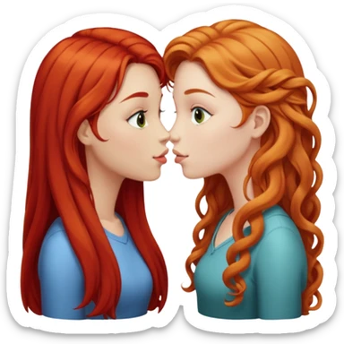 two girls kissing, one with long straight red hair, the other with long curly blonde hair sticker