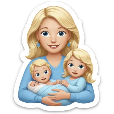 Wavy blonde, white woman with blue eyes, freckles hoop earrings, holding babies smiling and really cute in gold hoops she needs to be holding three newborns, and she needs to be more cute than pretty sticker