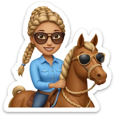 happy woman with braided hair and sunglasses, on a horse, friendly and easy to recognize emoji sticker