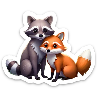 Collage of a raccoon and a fox, in close-up, surrounded by a colorful forest with rich green trees, thick bushes, and vibrant foliage. Sunlight peeks through the branches, casting warm light on the animals. A lively, natural setting with a transparent background. sticker