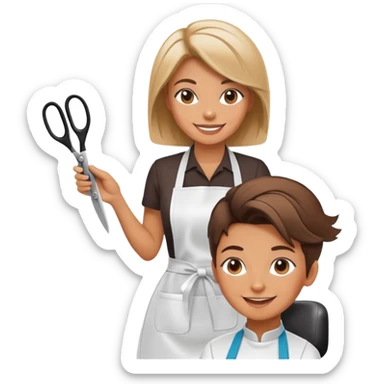 smiling woman in apron sitting in salon chair, smiling female hairstylist behind her with scissors sticker