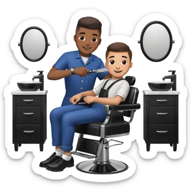 Barber cutting boys hair. Show the boy sat in black barber chair and both having smiles on their faces sticker