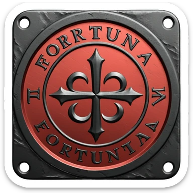 Minimal emoji, gothic metal coin made of black steel, engraved word FORTUNA at the center, ancient industrial aesthetic, worn metal texture, no glow, no neon, flat emoji design, centered, transparent background sticker