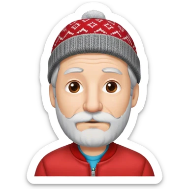 Older man with gray hair small beard and big nose with a patterned beanie on wearing red jacket sticker