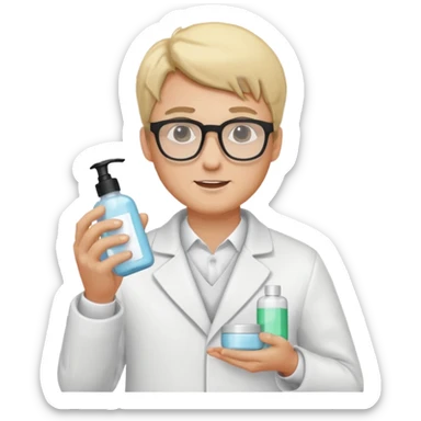 blonde man with white coat and glasses holding skincare products sticker