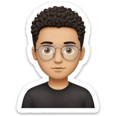 Young Latino male with small oval face, prominent forehead, aviator eyeglasses with metal frames, completely shaved sides with minimal dark curly hair on top only, gentle neutral expression, brown skin tone, simple black t-shirt sticker