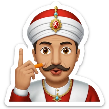 A turkish Sultan putting a finger in front of his mouth while his eyes are pure white, HE IS EXTREMELY INSANE AND CRAZY sticker