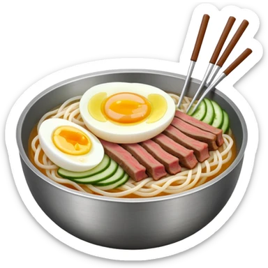 Korean cold noodles (naengmyeon) in a metal bowl, with thin noodles, sliced beef broth, and a half boiled egg on top, julienne cucumber, iPhone emoji style sticker