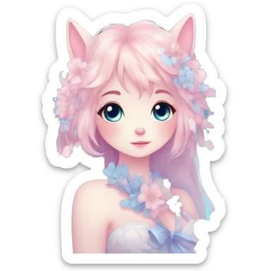 Anthro Cute Cool Blushing Pastel Innocent Shy Kawaii gorgeous sparkly ethereal fantasy anime animal creature with blue eyes furry sona with flowers and ribbons beautiful aesthetic sticker